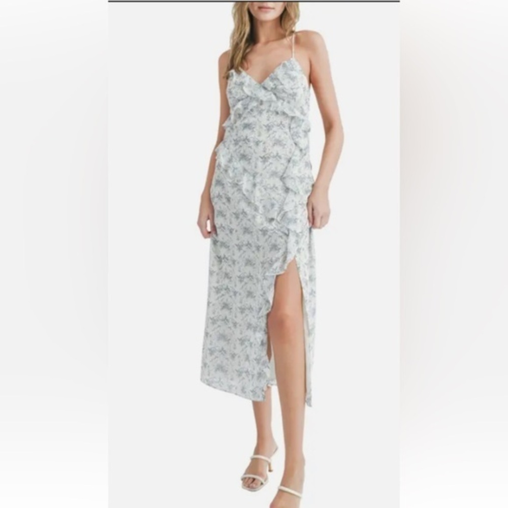 All In Favor Light Blue Floral Ruffle Slip Dress